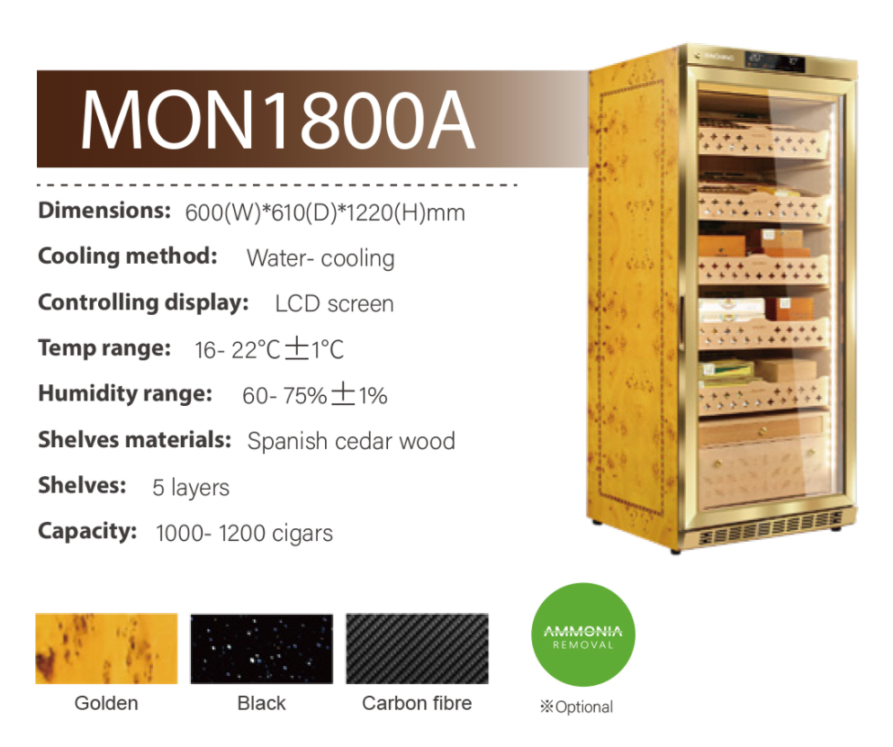 Raching MON1800A Gold Electric Cigar Humidor Hold 1200ct Cigars