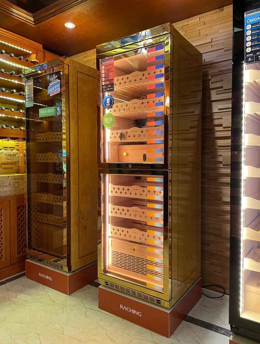 Raching Dual Area MON3800B Gold Electric Cigar Humidor Hold 1700ct Cigars With Ammonia Removal Function