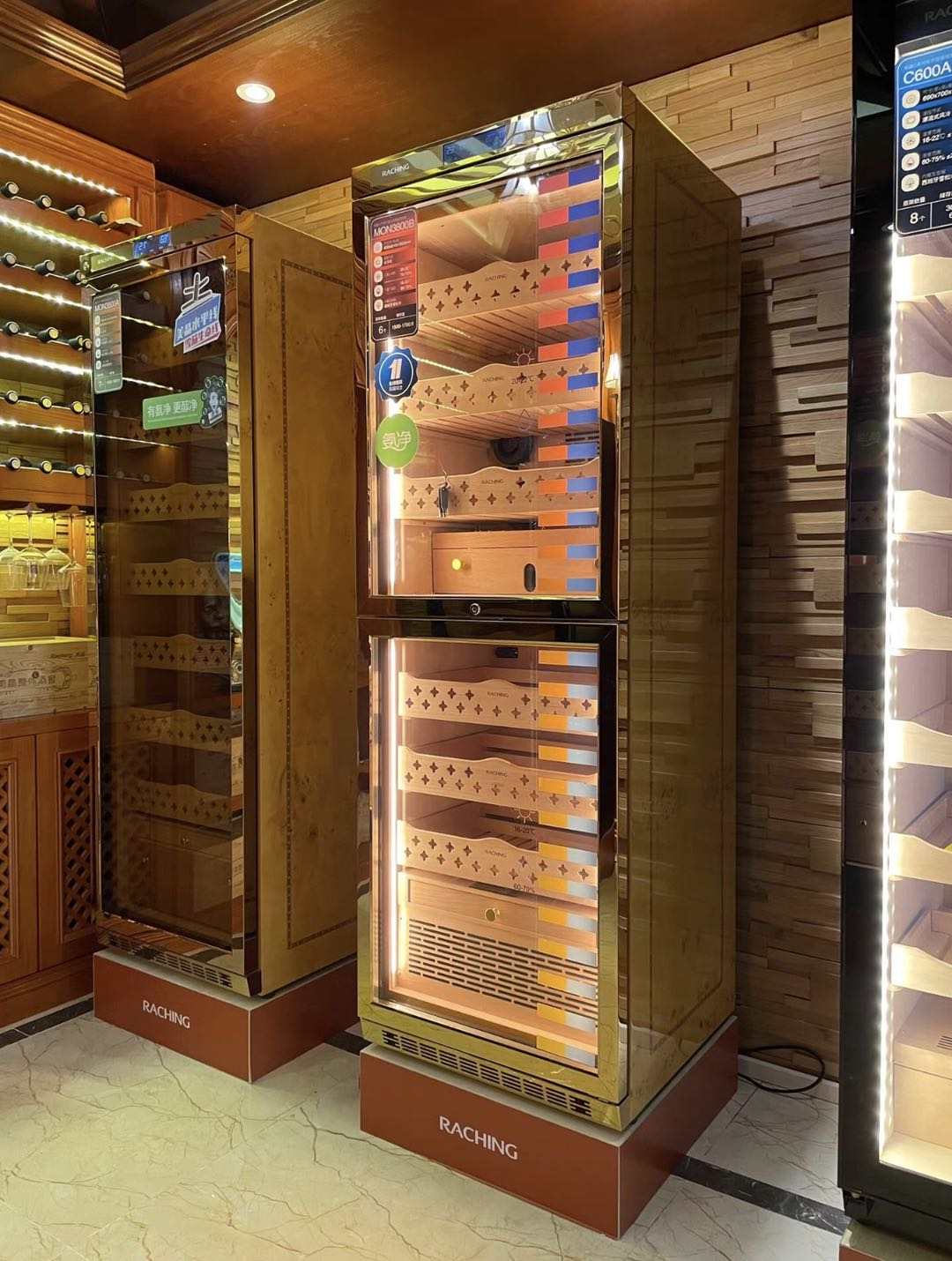 Raching Dual Area MON3800B Gold Electric Cigar Humidor Hold 1700ct Cigars With Ammonia Removal Function