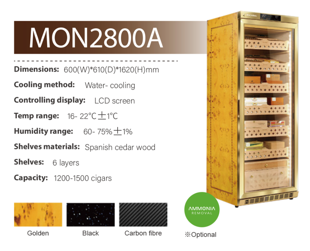 Raching MON2800A Black/Gold Electric Cigar Humidor (Hold 1500 Cigars) For Cigar Shop/Lounge/Household