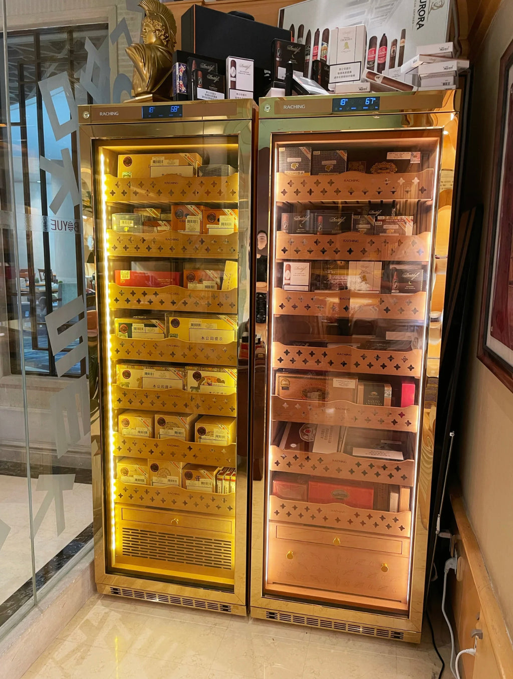 Best Selling Raching Big Size MON3800A Gold Electric Cigar Humidor Hold 1800ct Cigars Capacity For Household Cigar Shop