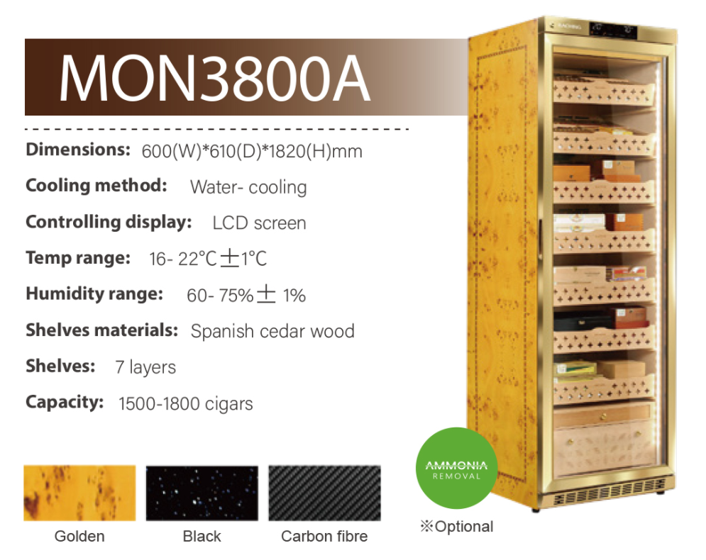 Best Selling Raching Big Size MON3800A Gold Electric Cigar Humidor Hold 1800ct Cigars Capacity For Household Cigar Shop