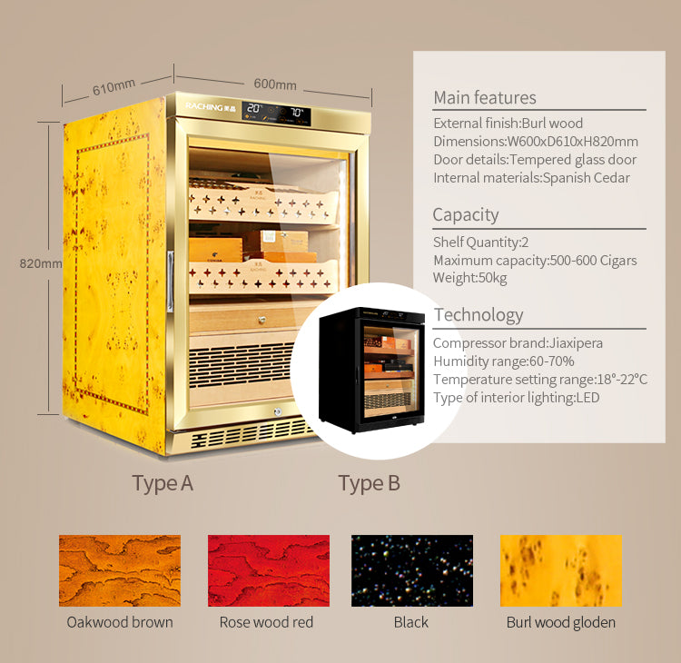 Raching MON800A Black/Glod Electric Cigar Humidor (Hold 500 Cigars)