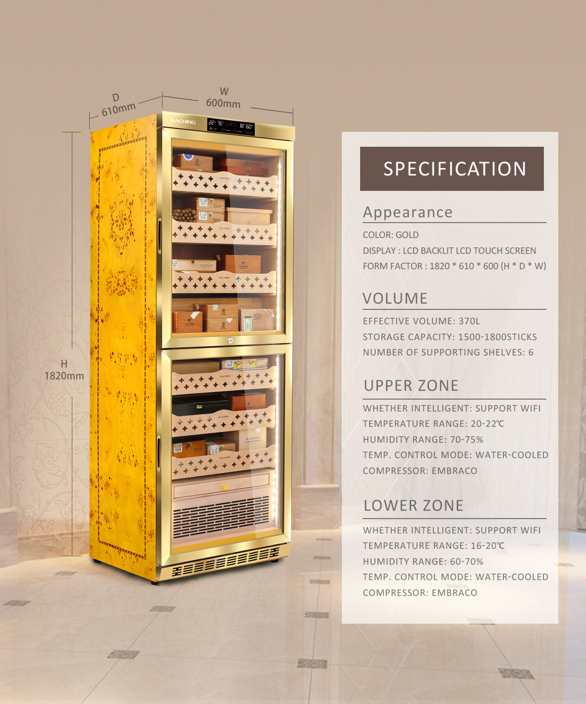 Raching Dual Area MON3800B Gold Electric Cigar Humidor Hold 1700ct Cigars With Ammonia Removal Function