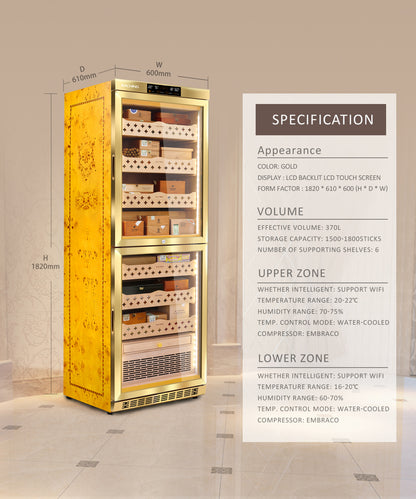 Raching Dual Area MON3800B Gold Electric Cigar Humidor Hold 1700ct Cigars With Ammonia Removal Function